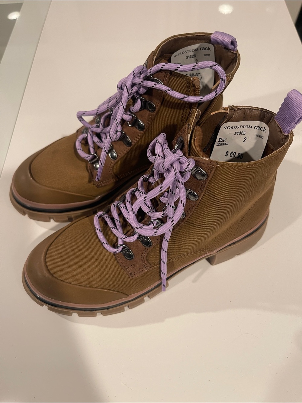 Nordstrom Steve Madden Cognac Canvas Lace-Up / Zipper Boots with Lavender Laces